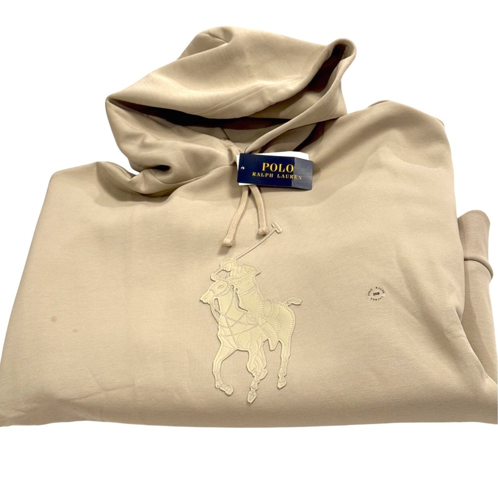 Polo Ralph Lauren Big Pony Leather Logo Hoodie 2XB Big & Tall Beige $198 NWT